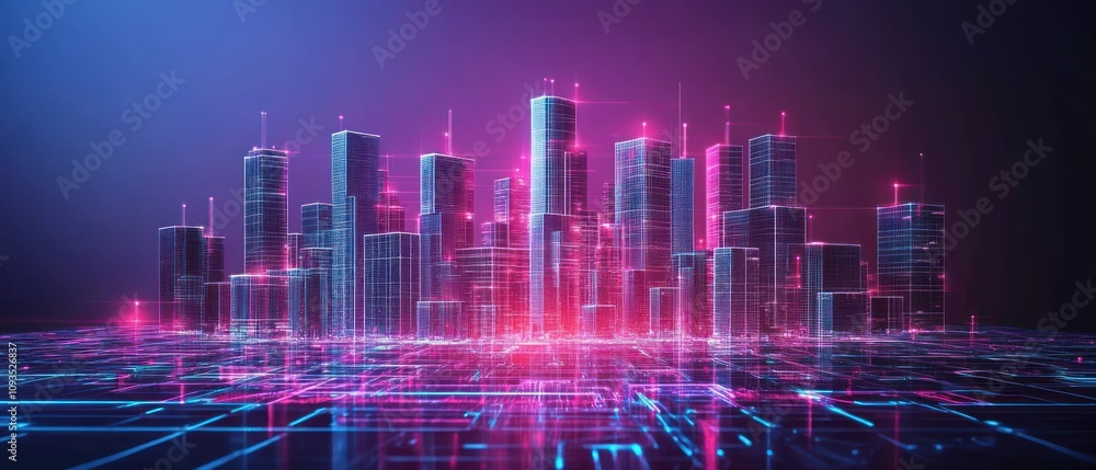 custom made wallpaper toronto digitalA futuristic cityscape with neon lights and digital elements, representing advanced technology.