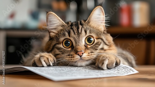 This image portrays an adorable cat with a captivating gaze, intently focused on a newspaper on the table, embodying curiosity and the charm of feline behavior.