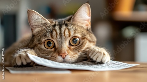 A captivating image of a curious cat with wide, expressive eyes, intensely focusing on the newspaper, illustrating a sense of wonder and exploration typical to cats.