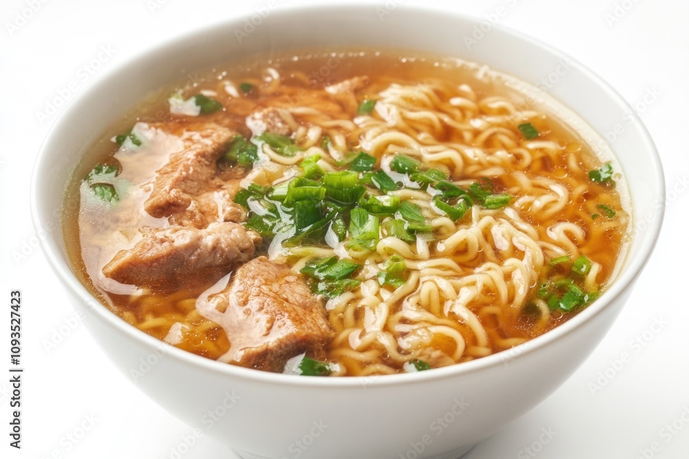 A bowl of hot soup filled with meat and noodles, perfect for a comforting meal A bowl of hot soup filled with meat and noodles, perfect for a comforting meal