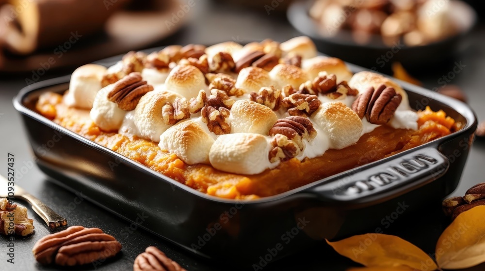 The image displays a square black dish of sweet potato mash, decorated with golden-brown marshmallows and complemented with pecans, walnuts, and warm lighting. The image displays a square black dish of sweet potato mash, decorated with golden-brown marshmallows and complemented with pecans, walnuts, and warm lighting.