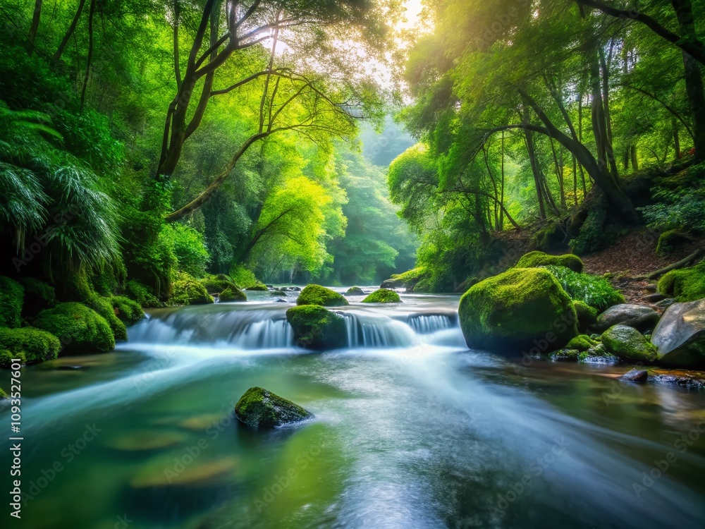 Obraz premium Serene Water Flowing into a Tranquil Body of Water with High Depth of Field Capturing Natural Beauty and Calmness in a Refreshing Landscape Scene