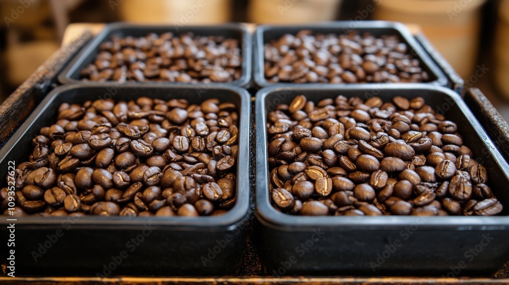 High-Quality Roasted Coffee Beans in Rustic Bins for Coffee Lovers High-Quality Roasted Coffee Beans in Rustic Bins for Coffee Lovers