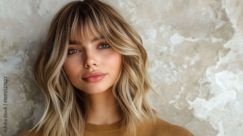 Dimensional golden bronde balayage lob with curtain bangs Dimensional golden bronde balayage lob with curtain bangs