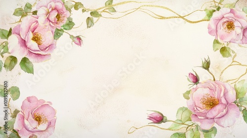 Delicate Pink Roses Frame Elegant Watercolor Painting