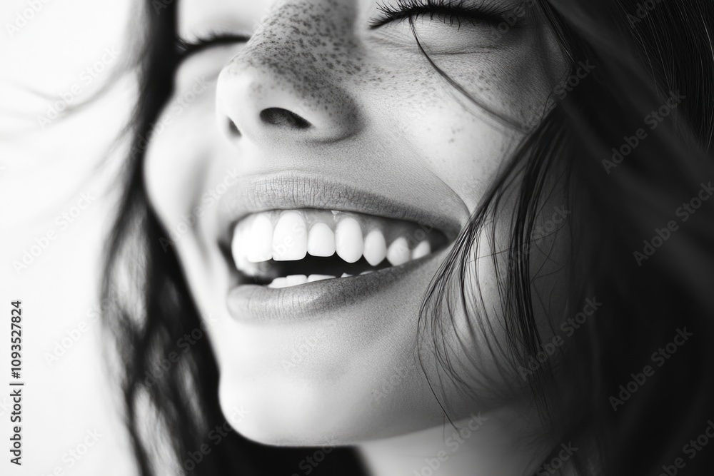 A smiling woman in a black and white photo, perfect for editorial or personal use A smiling woman in a black and white photo, perfect for editorial or personal use