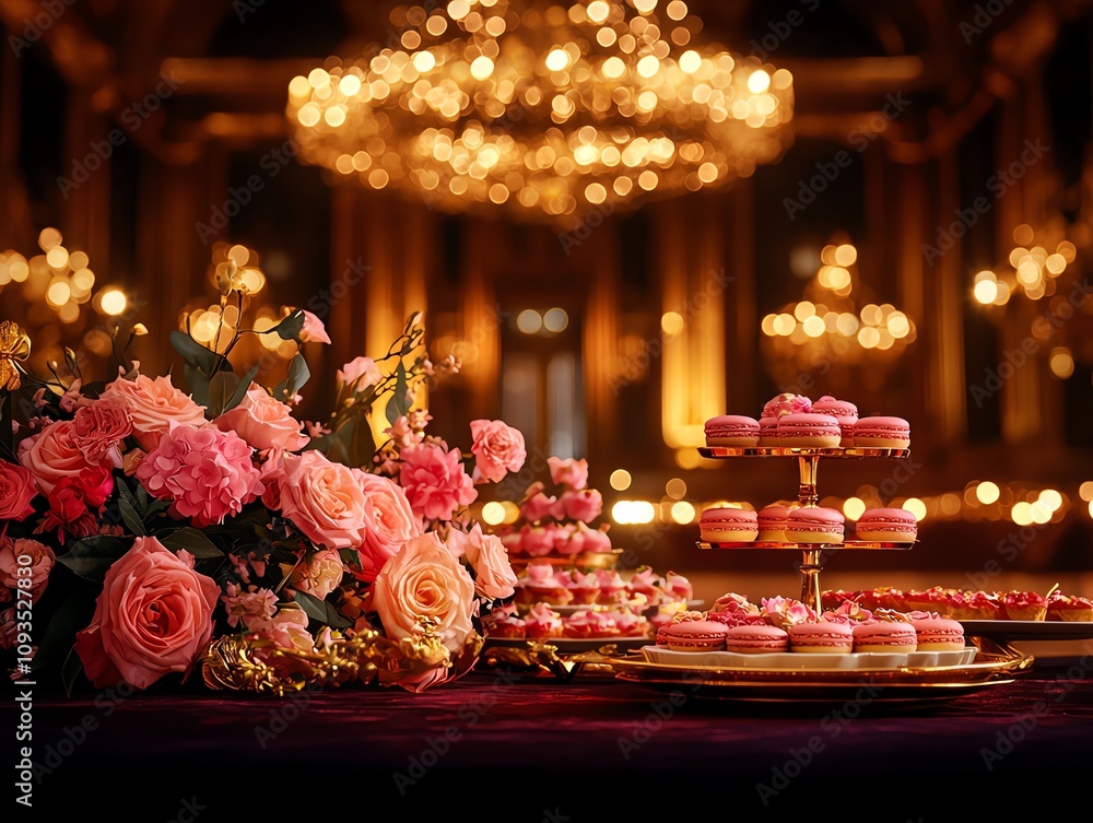 Elegant french dessert display featuring macarons and tarts luxurious venue food presentation opulent ambiance close-up culinary artistry Elegant french dessert display featuring macarons and tarts luxurious venue food presentation opulent ambiance close-up culinary artistry