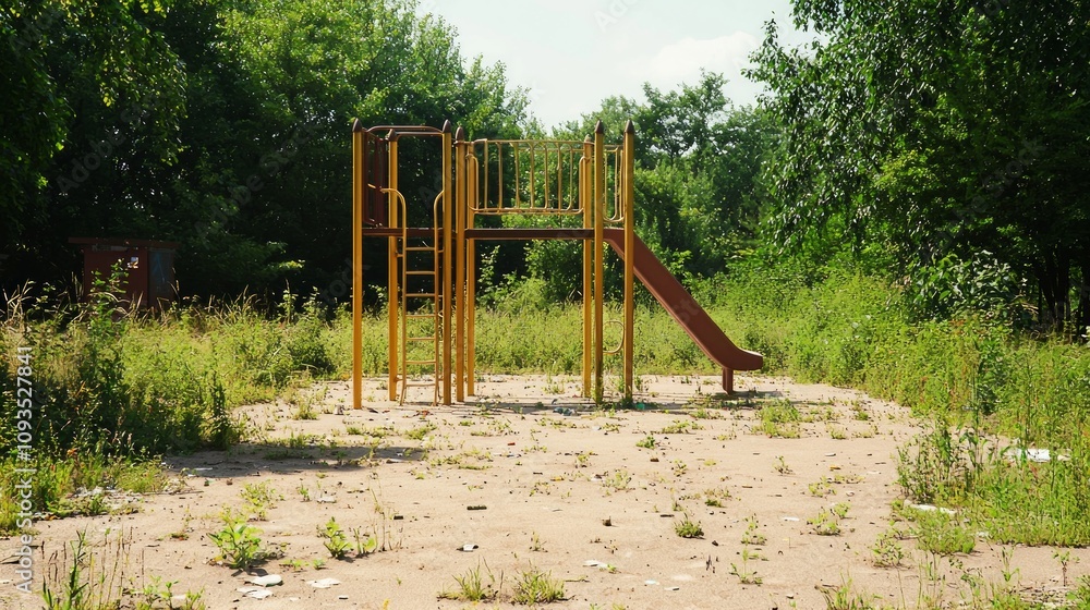 Stark Contrast Between Neglected Playground and Pristine Parks, Highlighting Environmental Neglect Stark Contrast Between Neglected Playground and Pristine Parks, Highlighting Environmental Neglect