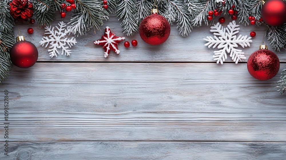 Christmas Decorations on Wooden Background: Festive Holiday Design Christmas Decorations on Wooden Background: Festive Holiday Design