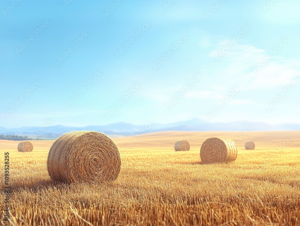 A serene landscape featuring hay bales in a golden field under a blue sky. A serene landscape featuring hay bales in a golden field under a blue sky.