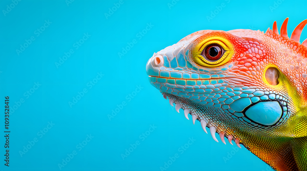 Lively Iguana Showcasing Vibrant Colors Against a Bright Turquoise Backdrop Lively Iguana Showcasing Vibrant Colors Against a Bright Turquoise Backdrop