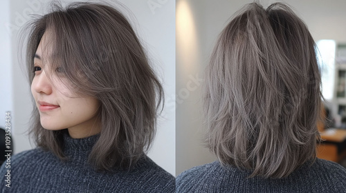 Frosty ash brown shoulder-length shaggy lob casual and textured hairstyle photo