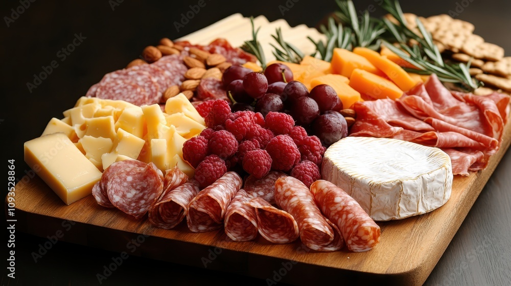A delightful charcuterie board featuring a selection of cheeses, meats, fruits, and nuts, inviting viewers to enjoy gourmet flavors and visual pleasures alike. A delightful charcuterie board featuring a selection of cheeses, meats, fruits, and nuts, inviting viewers to enjoy gourmet flavors and visual pleasures alike.