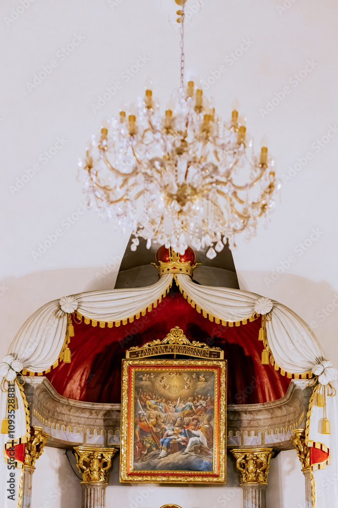 A painting in a church, an altar in a church, holy mass, architectural detail, religious decoration, faith, apostasy, golden details, Polish church A painting in a church, an altar in a church, holy mass, architectural detail, religious decoration, faith, apostasy, golden details, Polish church