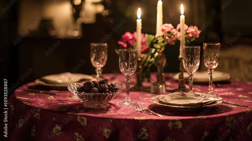 Romantic dinner table adorned with a rose-pink tablecloth, tall candlesticks, crystal wine glasses, and a decorative bowl of chocolates, creating an elegant and dreamy ambiance. Romantic dinner table adorned with a rose-pink tablecloth, tall candlesticks, crystal wine glasses, and a decorative bowl of chocolates, creating an elegant and dreamy ambiance.