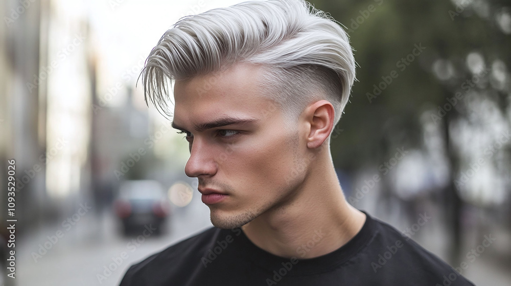 Icy silver gray slicked-back undercut with sharp sides Icy silver gray slicked-back undercut with sharp sides