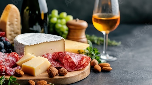 A delectable cheese platter with various cheeses, salami, nuts, grapes, and a glass of wine, beautifully arranged on a wooden board, depicting elegance and indulgence.