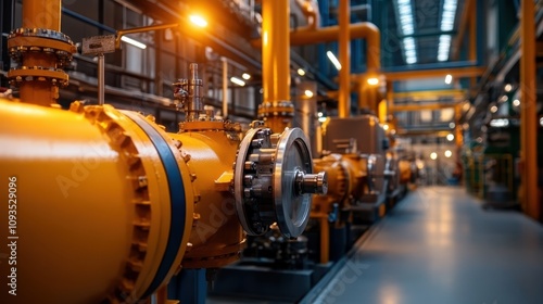 The image captures a modern industrial facility featuring yellow pipelines and various machinery, reflecting technology and industry advancements in a structured setting.