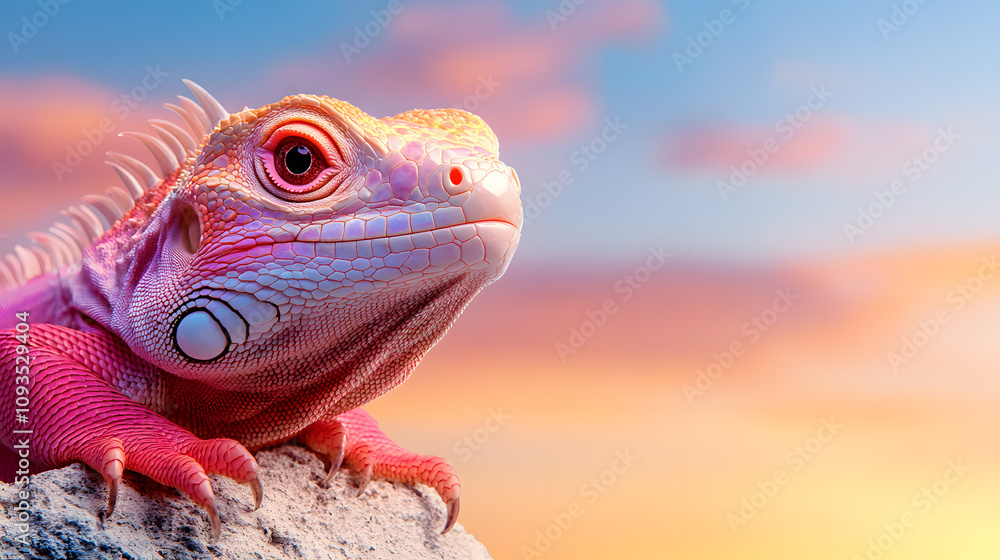 Fototapeta premium Vibrant Lizard Basking Under a Colorful Sunset Against an Eco-Friendly Backdrop