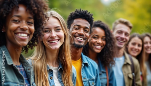 Group of happy diverse young people smiling outdoors. Friends enjoying time together. Positive vibes. Casual clothing. Good mood. Friendship and happiness. Diversity and inclusion. Good communication.