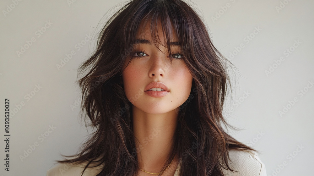 Warm caramel brown shoulder-length shag with curtain bangs casual and stylish hairstyle Warm caramel brown shoulder-length shag with curtain bangs casual and stylish hairstyle
