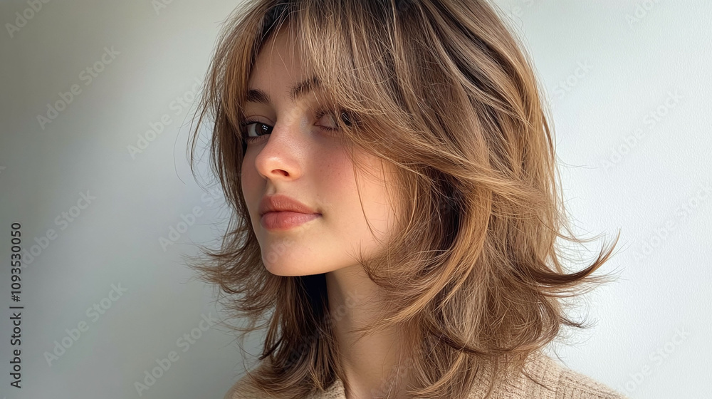 Warm caramel brown shoulder-length shag with curtain bangs casual and stylish hairstyle Warm caramel brown shoulder-length shag with curtain bangs casual and stylish hairstyle