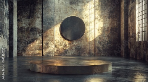 Grunge interior with golden podium and circular frame.