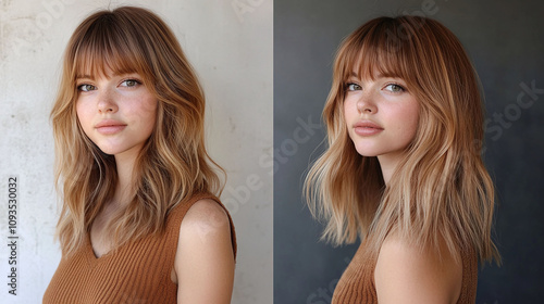 Warm caramel bronde shoulder-length shag with bangs soft and trendy hairstyle