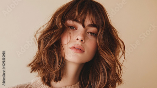 Warm caramel brown shoulder-length shag with curtain bangs casual and stylish hairstyle photo