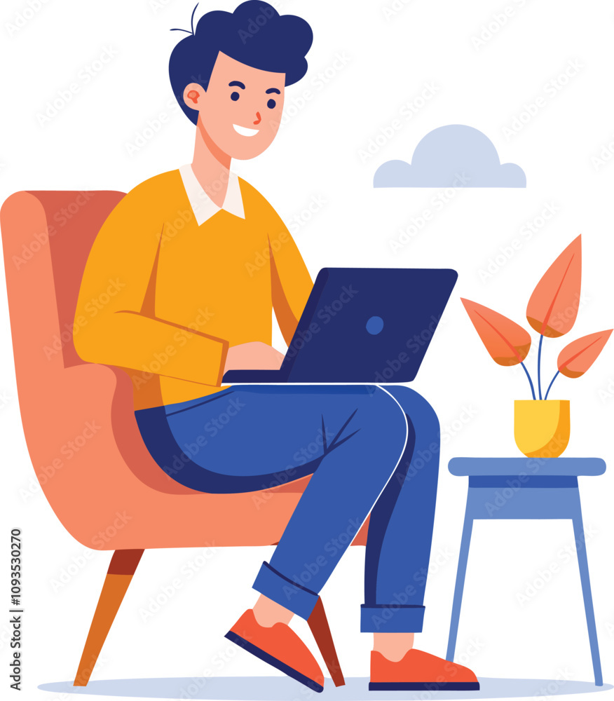 a boy is using his laptop vector a boy is using his laptop vector