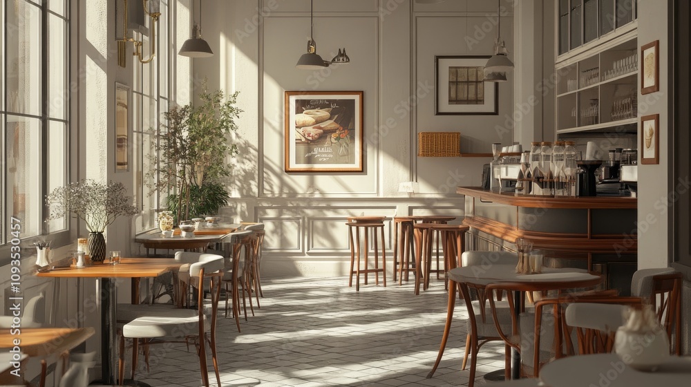 Sunlit cafe interior with wooden tables, chairs, and bar. Sunlit cafe interior with wooden tables, chairs, and bar.