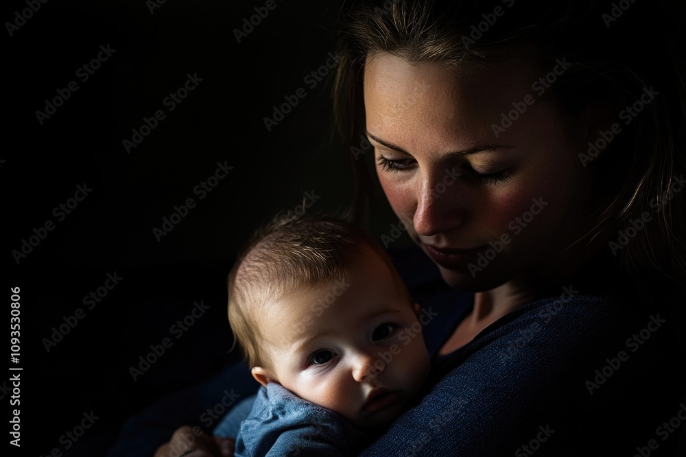 A mother holds her baby close, showing maternal love and care A mother holds her baby close, showing maternal love and care