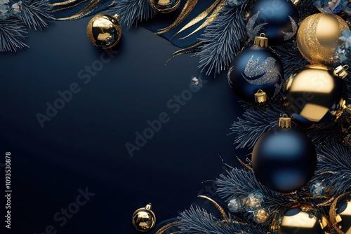 Midnight blue background featuring bold, reflective gold elements, with accents in deep navy, antique gold, and icy blue for a Christmas theme photo