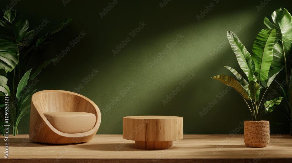 Modern bamboo furniture in serene living room with plants Modern bamboo furniture in serene living room with plants