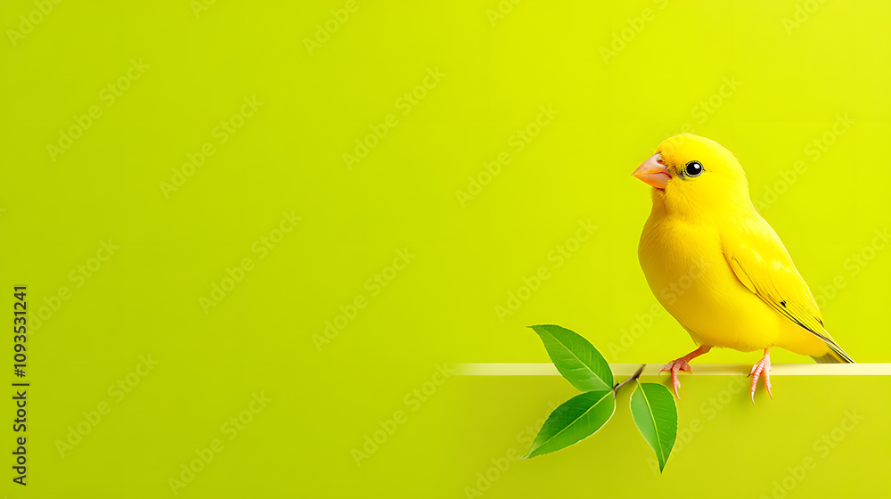 Bright Yellow Canary Perched on a Vibrant Green Background With Fresh Leaves Bright Yellow Canary Perched on a Vibrant Green Background With Fresh Leaves