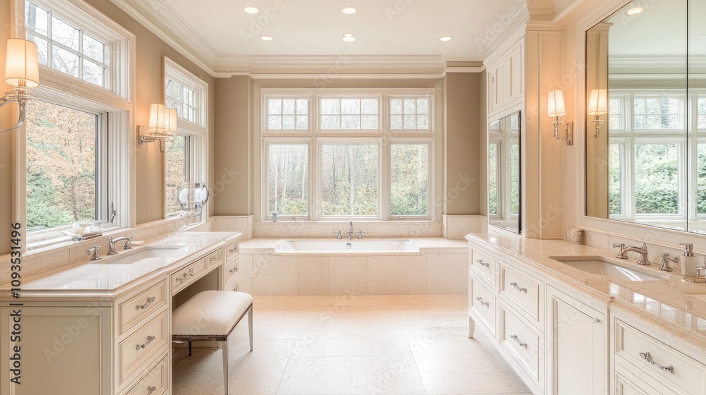 Luxurious Bathroom With White Cabinets And Large Windows Luxurious Bathroom With White Cabinets And Large Windows