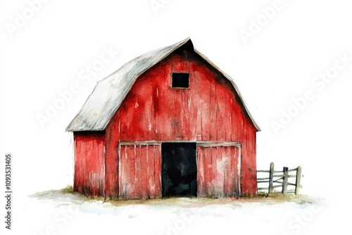 Watercolor painting of a rustic red barn with greenery and sky in the background