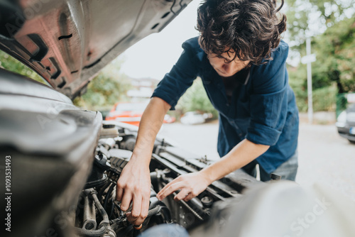 A young man examines a car engine outdoors, focusing intently on repair and maintenance tasks. The scene captures concentration and practical skills involving auto repair in a casual environment.