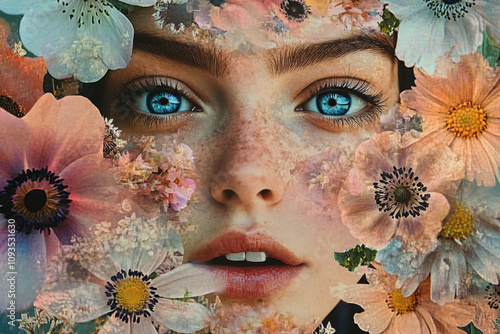 Fashionable illustration image female facial collage many colorful elements trend puzzle 