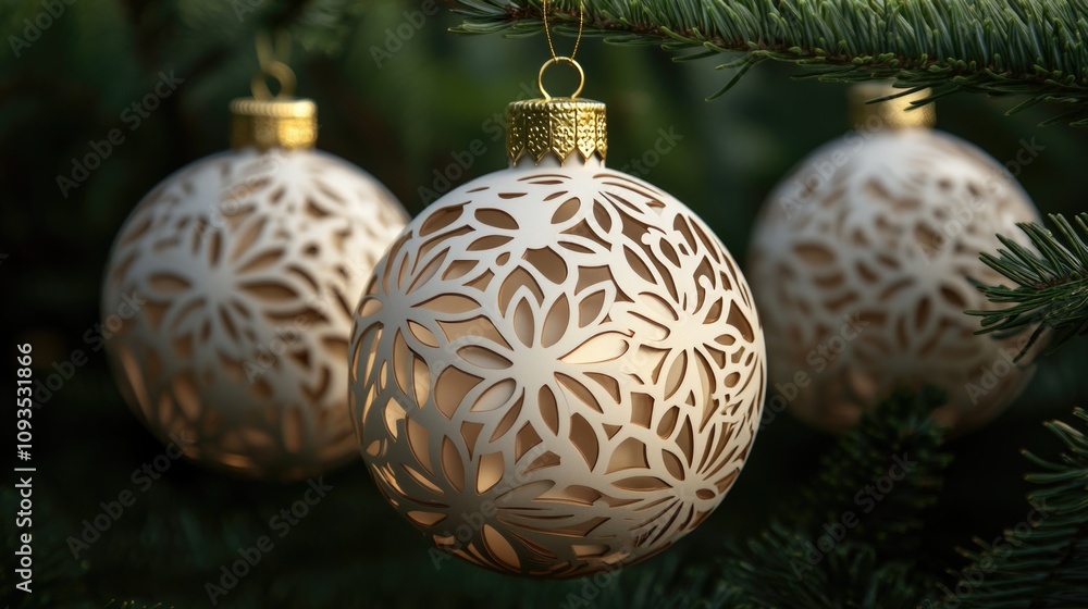 Close-up of three ornaments on a Christmas tree Close-up of three ornaments on a Christmas tree