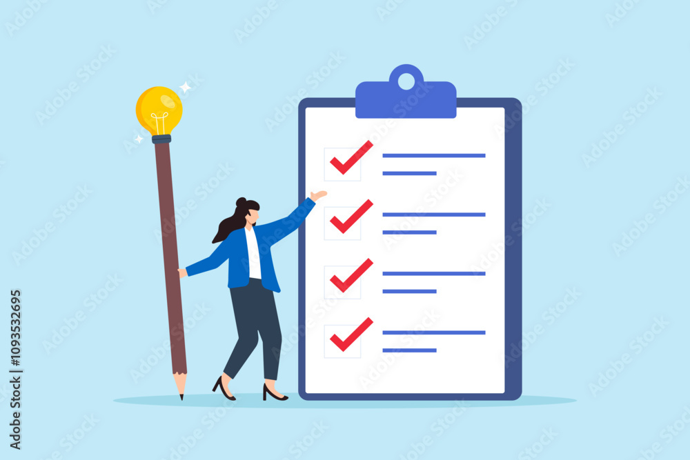 Flat illustration of businesswoman complete survey with lightbulb pencil filling questionnaire on clipboard Flat illustration of businesswoman complete survey with lightbulb pencil filling questionnaire on clipboard