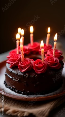 Birthday cake with candles on top. Chocolate cake with roses