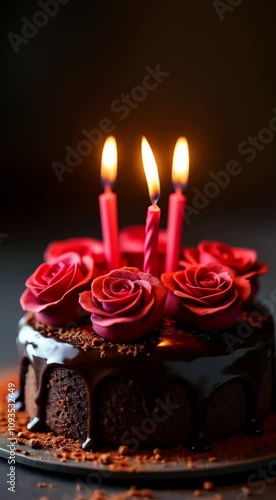 Birthday cake with candles on top. Chocolate cake with roses