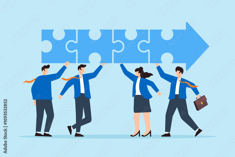 Flat illustration of business people connect arrow piece jigsaw puzzle teamwork for career growth Flat illustration of business people connect arrow piece jigsaw puzzle teamwork for career growth