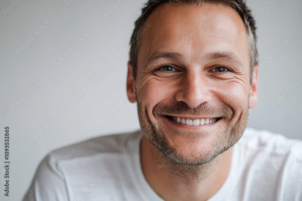 A happy man smiling in a white shirt, suitable for use in various social media posts, presentations or marketing materials A happy man smiling in a white shirt, suitable for use in various social media posts, presentations or marketing materials