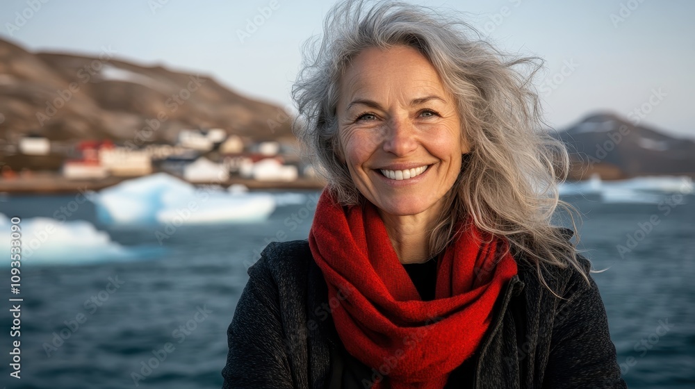 A mature woman with striking silver hair wears a red scarf and black jacket, standing with a joyful smile against a backdrop of icy waters and distant mountains. A mature woman with striking silver hair wears a red scarf and black jacket, standing with a joyful smile against a backdrop of icy waters and distant mountains.