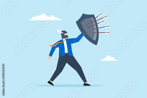 Flat illustration of strong businessman with armor and shield defend against incoming bow arrow protection from threat