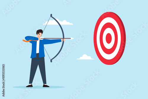 Flat illustration of businessman aim with archery bow to hit target ambition and goal achievement