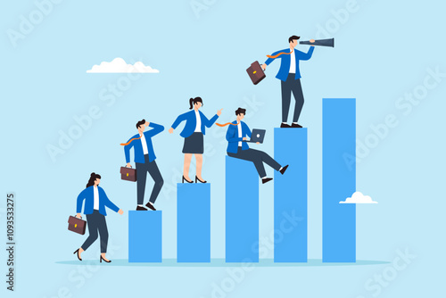 Flat illustration of business team collaborate to improve bar graph development growth