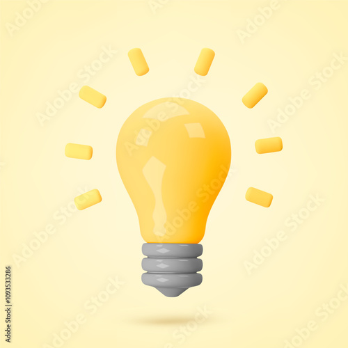 3d render yellow light bulb isolated on white background. Creativity idea, business success, strategy concept. Realistic vector icon for postcard, poster, banner, web, design, arts, advertising